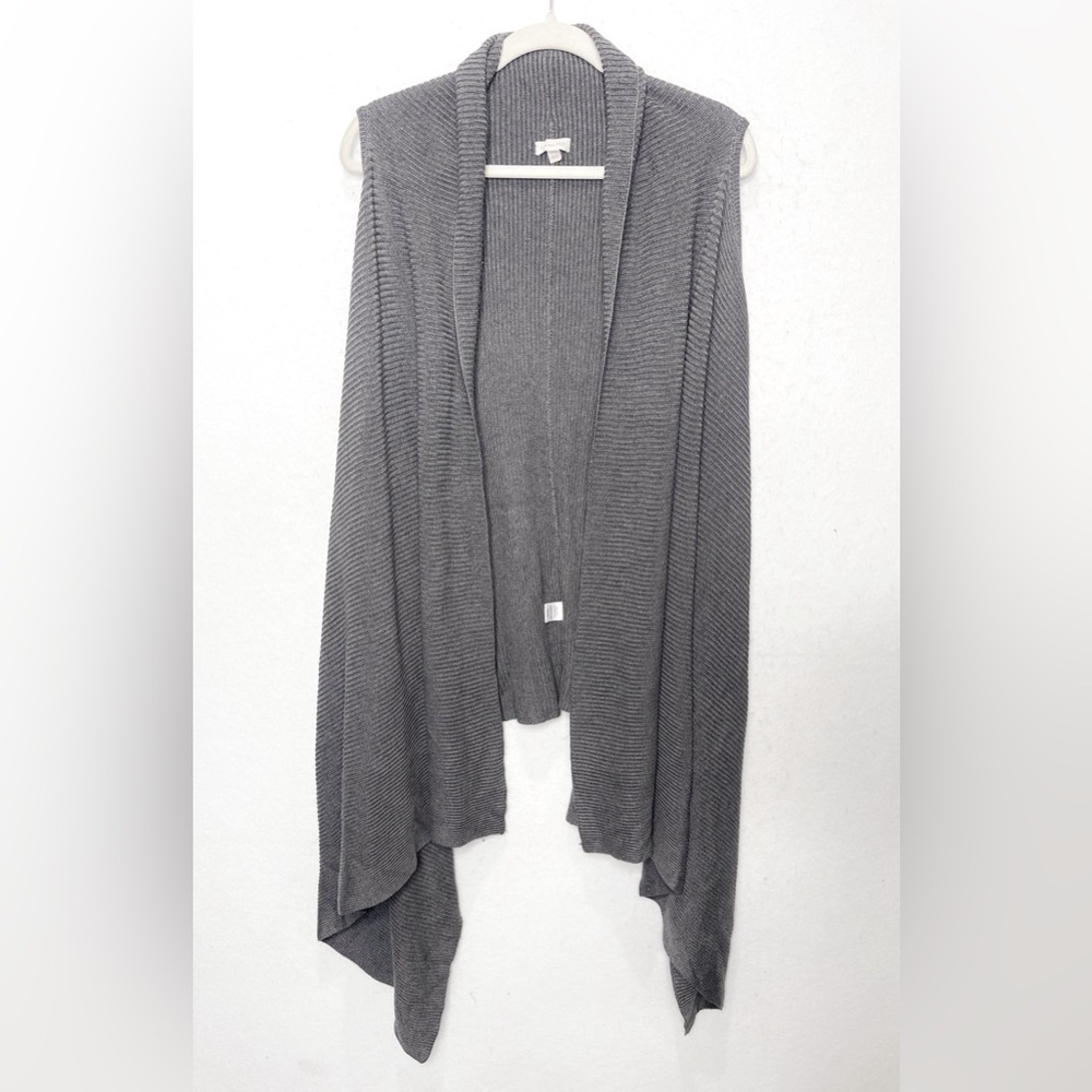 Garnet Hill Long Ribbed Grey Tencel Merino Wool Long Sleeveless Cardigan Vest S - Picture 2 of 6